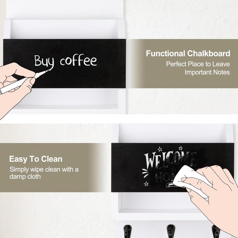 Lucundm Key and Mail Holder for Wall, Key Holder with Chalkboard and Long Storage Box, Key Hanger with 3 Sturdy Hooks for Coat, Dog Leash, Entryway Mail Organizer (White) - Image 5